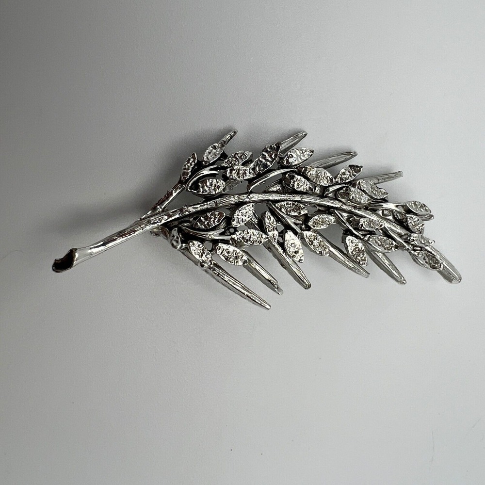 Vintage Leaf Branch Brooch Brushed Silver Tone Pin‎